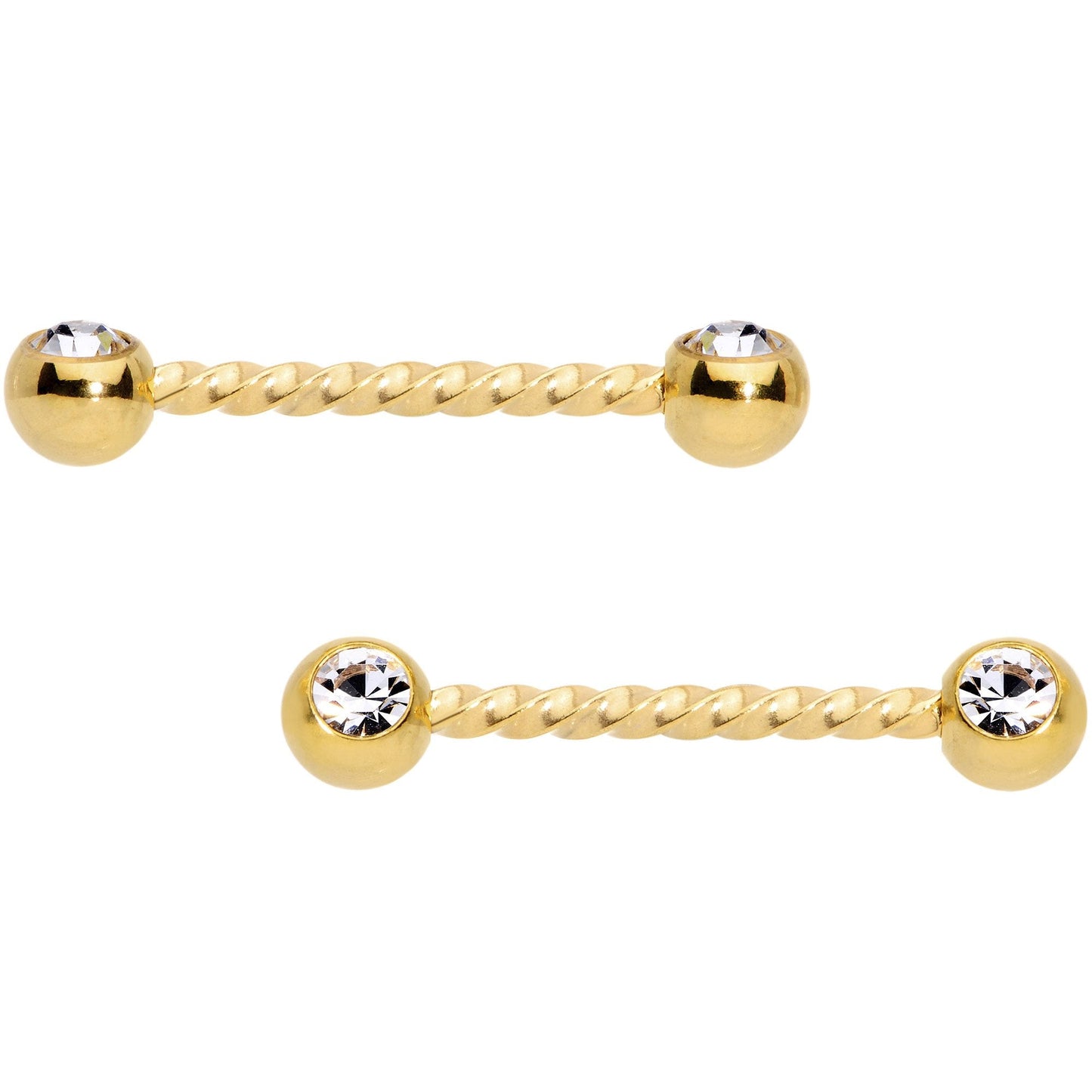 14G 5/8 Clear Gem Gold Tone Twisted Barbell Nipple Ring Set