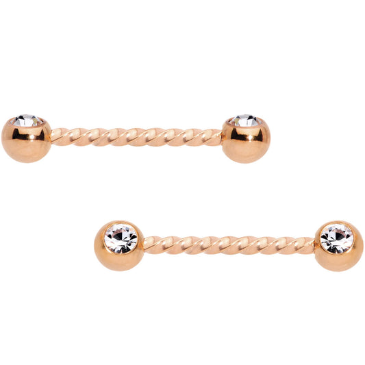 14G 5/8 Clear Gem Rose Gold Tone Twisted Barbell Nipple Ring Set