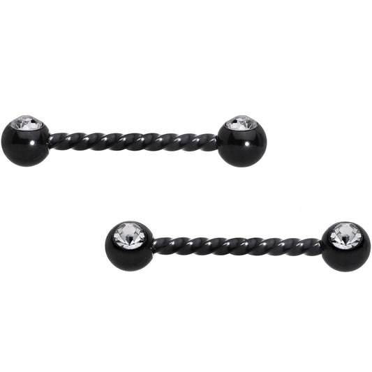 14G 5/8 Clear Gem Black Twisted Barbell Nipple Ring Set