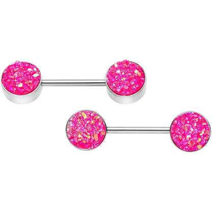 14G 9/16 Pink Synthetic Druzy Powerful Barbell Nipple Ring Set