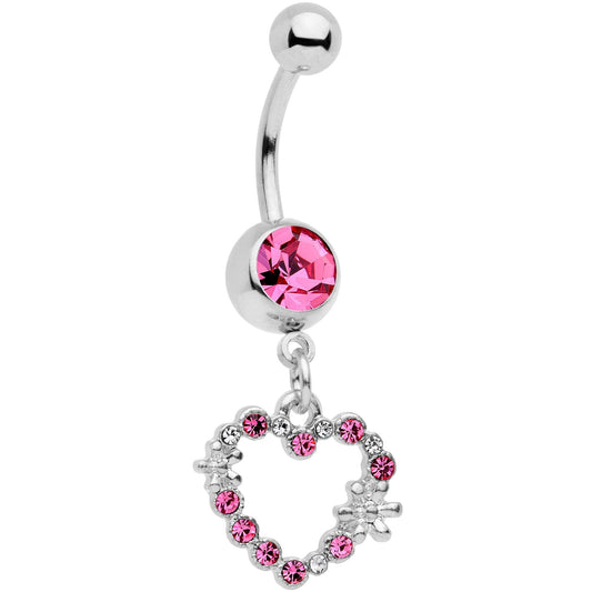 Clear Pink Gem Valentine Flower Burst Heart Dangle Belly Ring