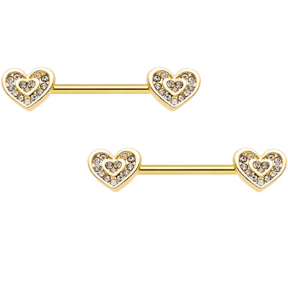 9/16 Clear Gem Gold Tone Plated Heart Barbell Nipple Ring Set