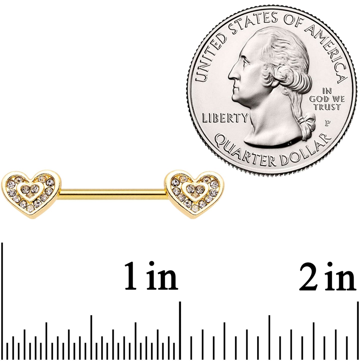 9/16 Clear Gem Gold Tone Plated Heart Barbell Nipple Ring Set