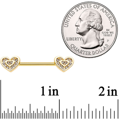 9/16 Clear Gem Gold Tone Plated Heart Barbell Nipple Ring Set