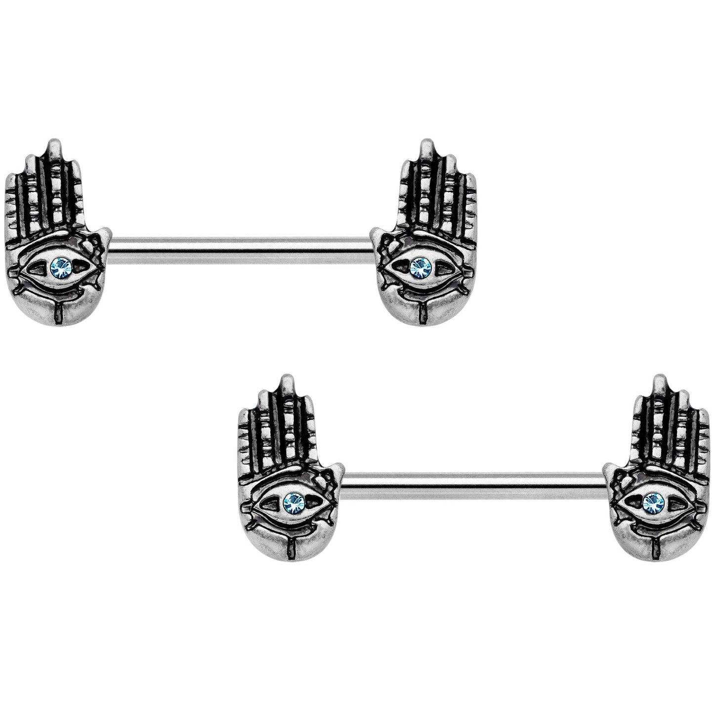 14G 9/16 Aqua Gem Hamsa Hand Barbell Nipple Ring Set