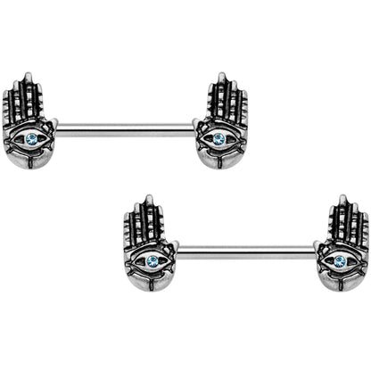 14G 9/16 Aqua Gem Hamsa Hand Barbell Nipple Ring Set