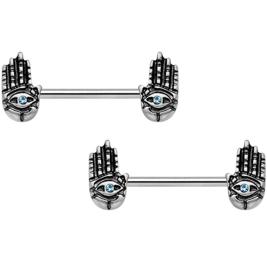 14G 9/16 Aqua Gem Hamsa Hand Barbell Nipple Ring Set