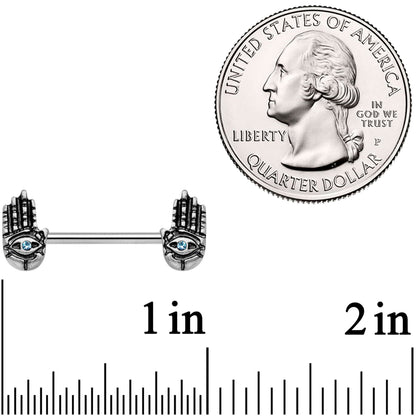 14G 9/16 Aqua Gem Hamsa Hand Barbell Nipple Ring Set