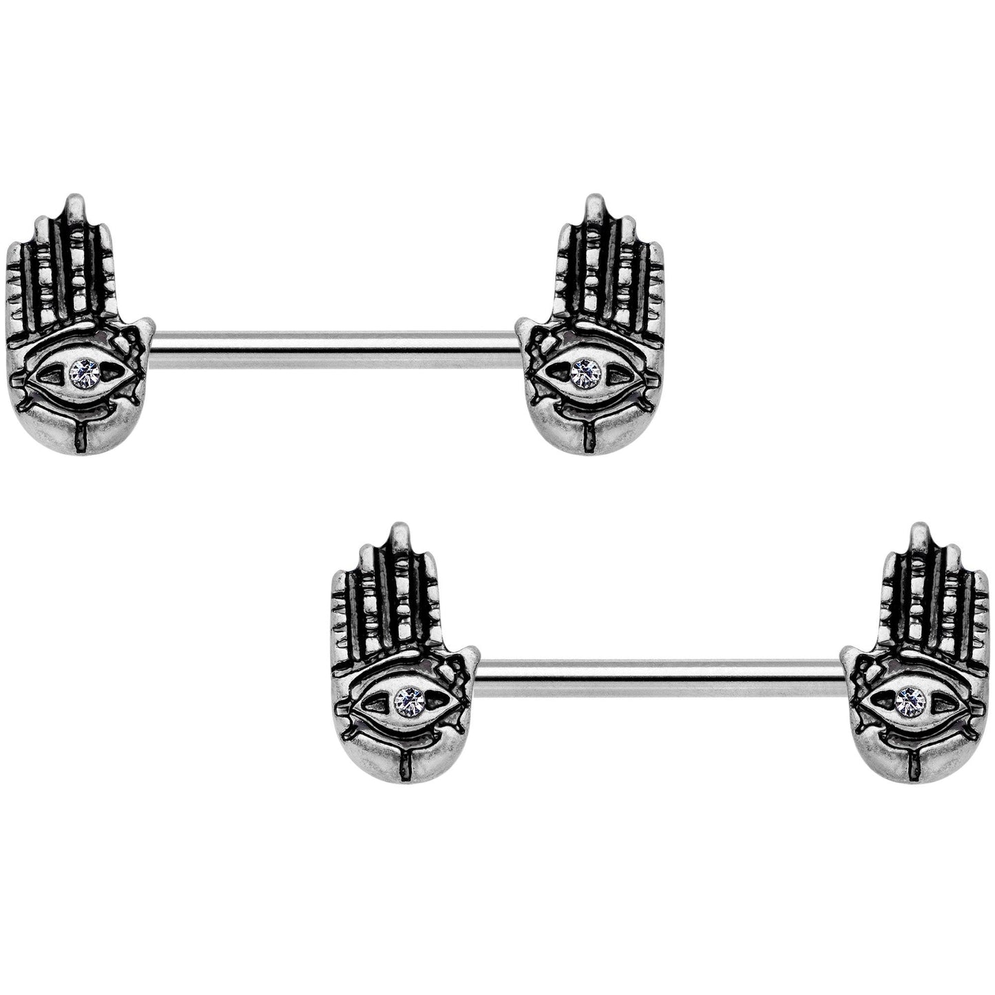 14G 9/16 Clear Gem Hamsa Hand Barbell Nipple Ring Set