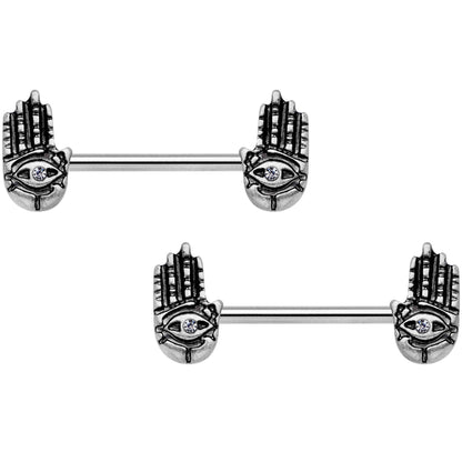 14G 9/16 Clear Gem Hamsa Hand Barbell Nipple Ring Set
