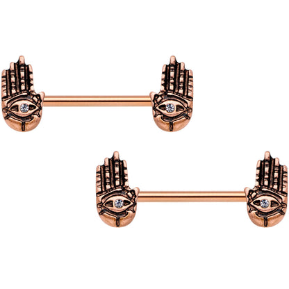 9/16 Clear Gem Rose Gold Tone Hamsa Hand Barbell Nipple Ring Set