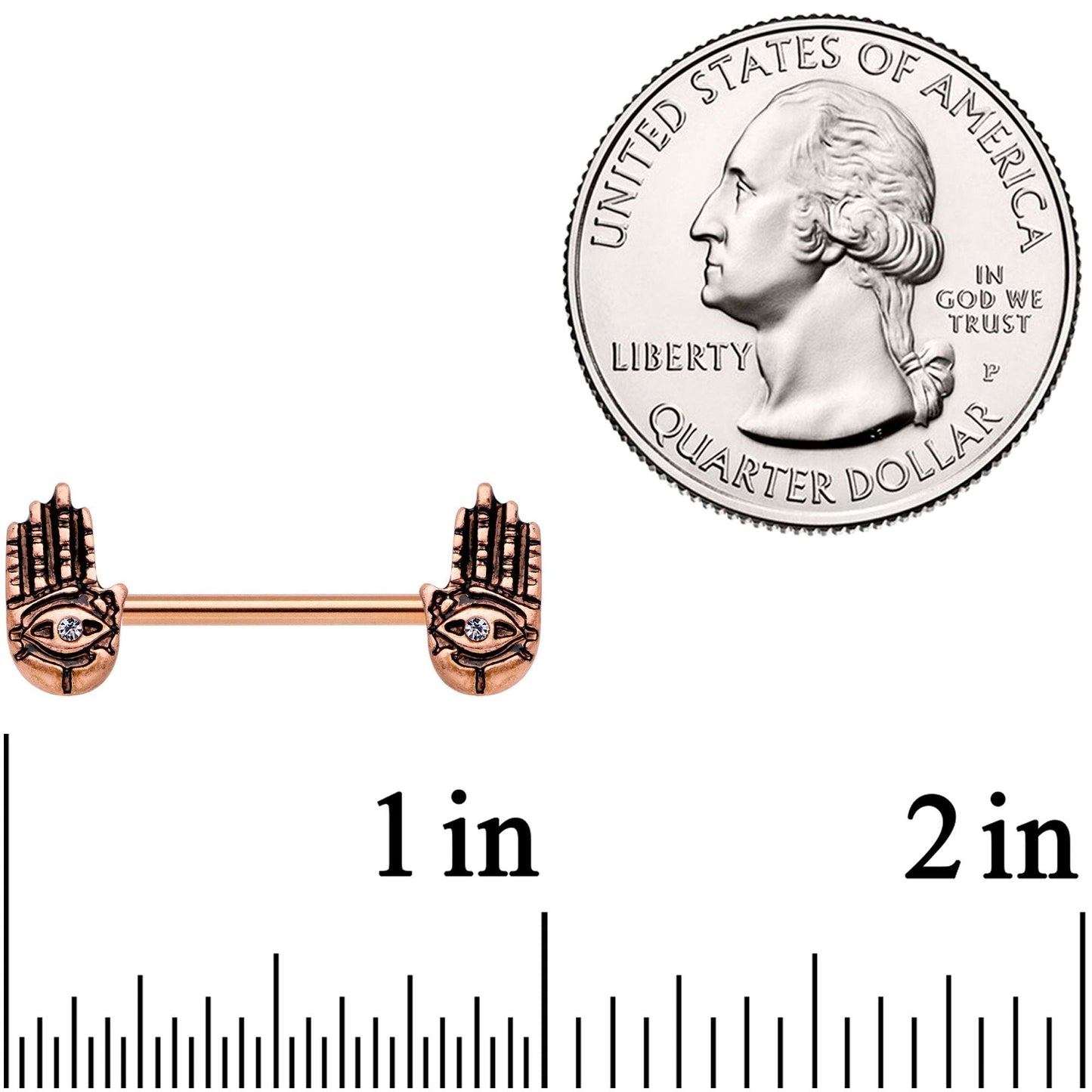 9/16 Clear Gem Rose Gold Tone Hamsa Hand Barbell Nipple Ring Set