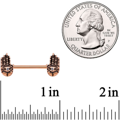 9/16 Clear Gem Rose Gold Tone Hamsa Hand Barbell Nipple Ring Set