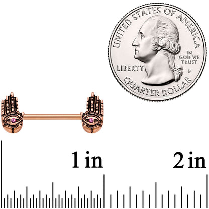 9/16 Pink Gem Rose Gold Tone Hamsa Hand Barbell Nipple Ring Set