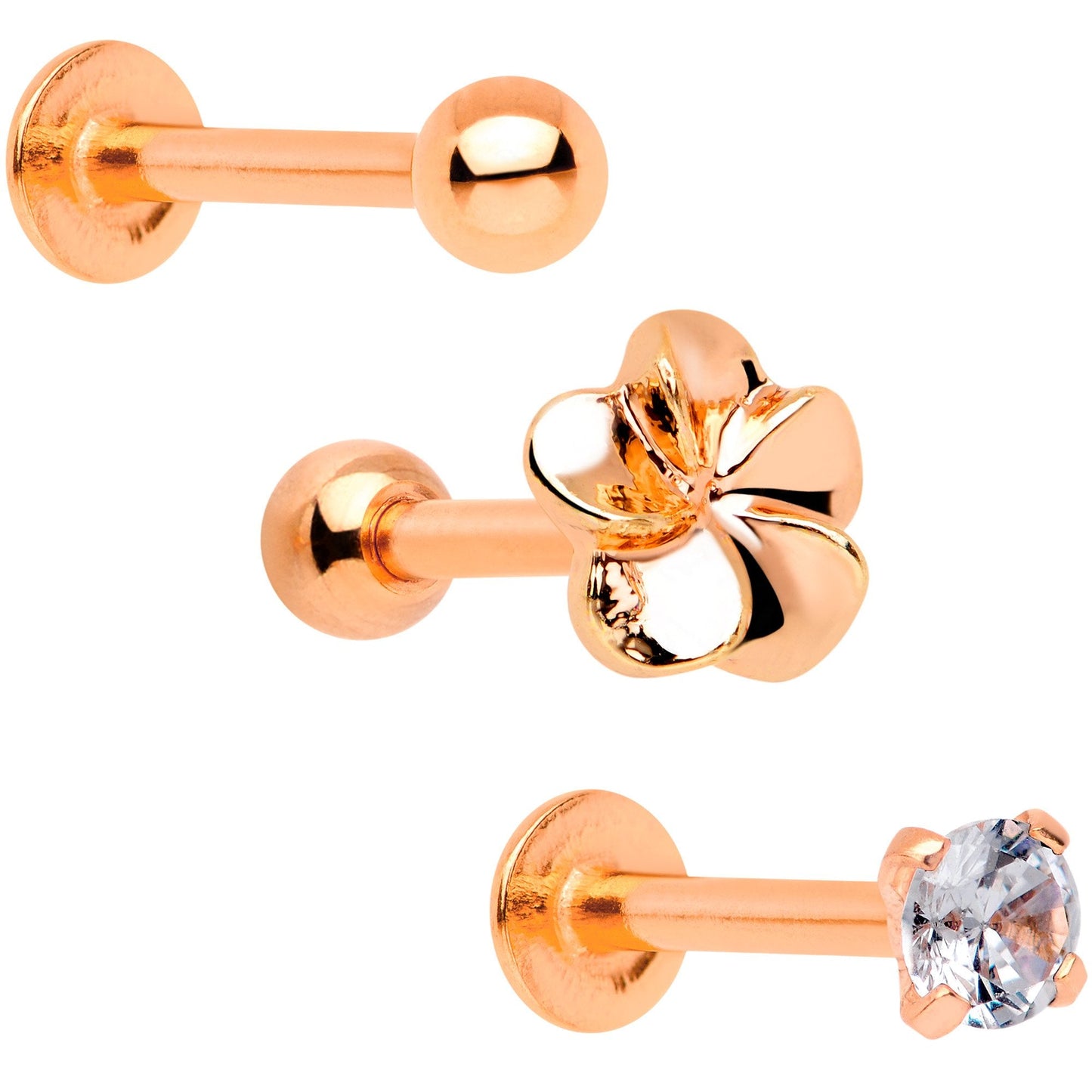 16G 1/4 Clear Gem Rose Gold Tone Deco Cartilage Tragus Set of 3