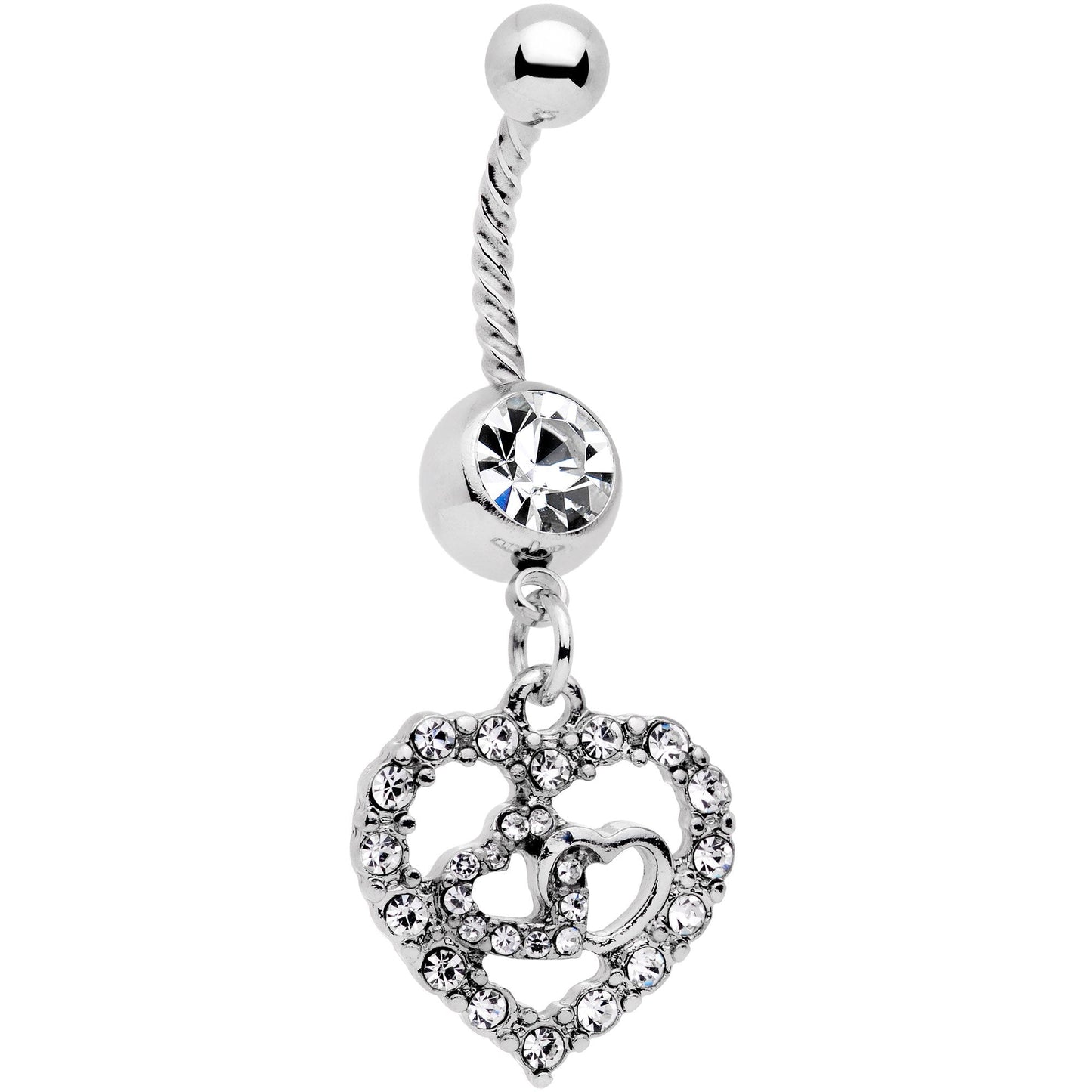 Clear Gem Dazzling Heart Valentine Twisted Dangle Belly Ring