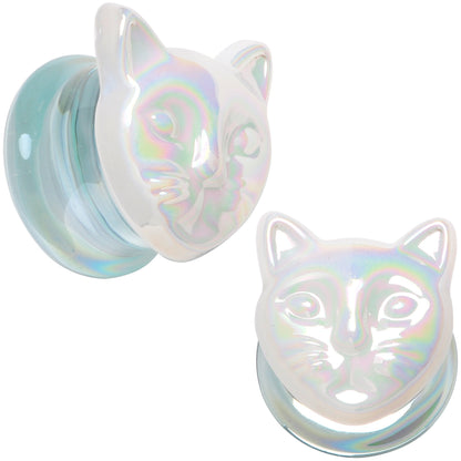 Aurora White Glass Double Flare Kitty Cat Plug Set 6mm to 25mm