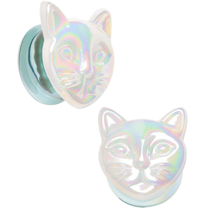 Aurora White Glass Double Flare Kitty Cat Plug Set 6mm to 25mm