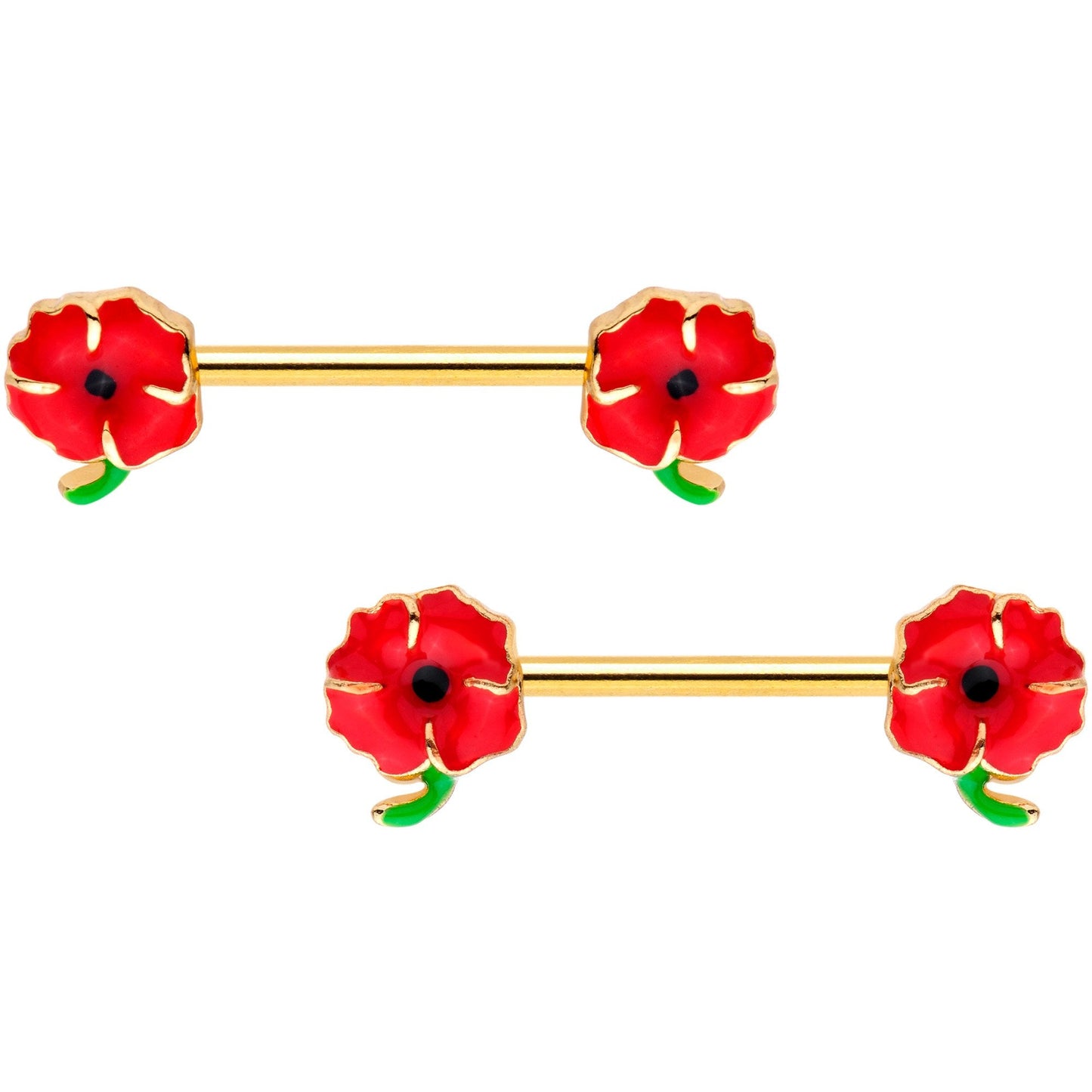 14G 9/16 Gold Tone Field of Poppies Barbell Nipple Ring Set