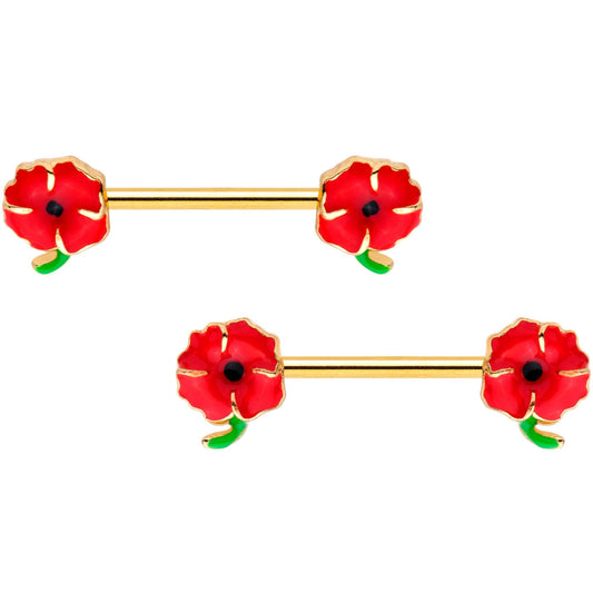 14G 9/16 Gold Tone Field of Poppies Barbell Nipple Ring Set