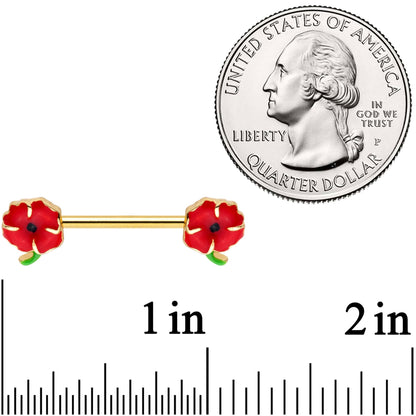 14G 9/16 Gold Tone Field of Poppies Barbell Nipple Ring Set