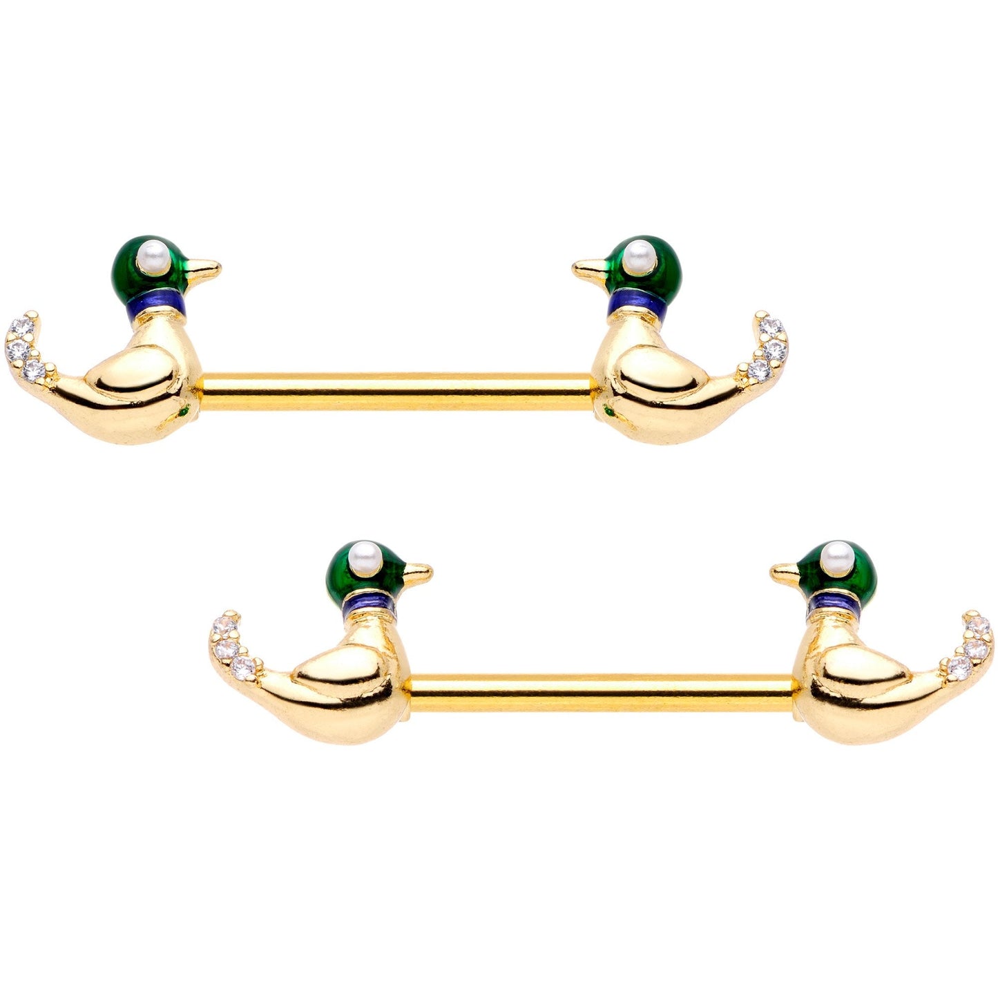 14G 9/16 Clear Gem Gold Tone Just Ducky Barbell Nipple Ring Set