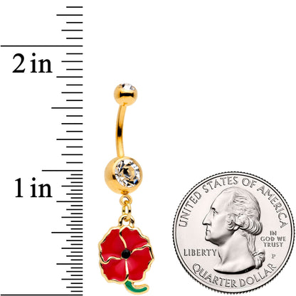 Clear Gem Gold Tone Powerful Poppy Flower Dangle Belly Ring