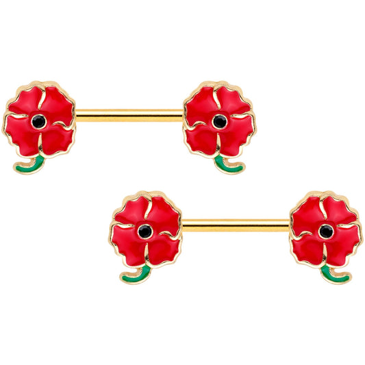 14G 9/16 Gold Tone Blooming Poppies Barbell Nipple Ring Set