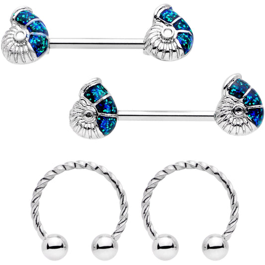 14G 1/2 9/16 Blue Seashell Twisted Horseshoe Nipple Jewelry Set