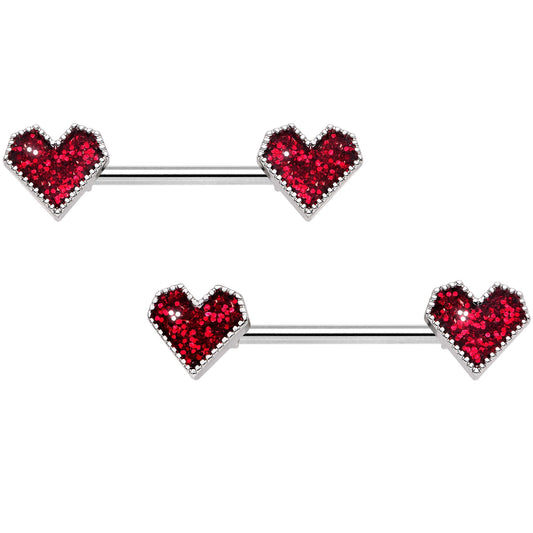 14G 9/16 Red Valentine Heart Barbell Nipple Ring Set