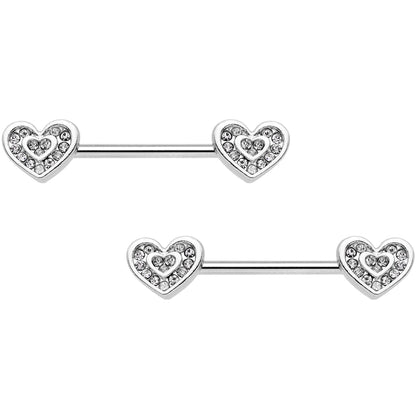14G 5/8 Clear Gem Wrapped Hearts Barbell Nipple Ring Set