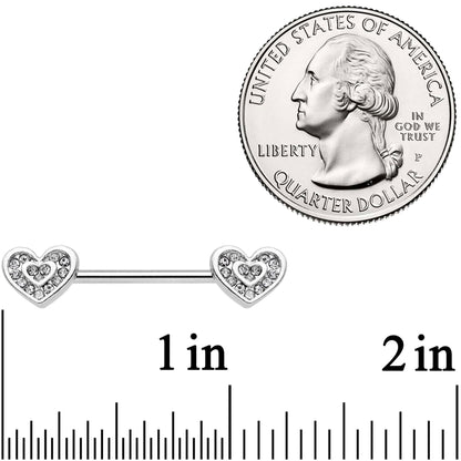 14G 5/8 Clear Gem Wrapped Hearts Barbell Nipple Ring Set