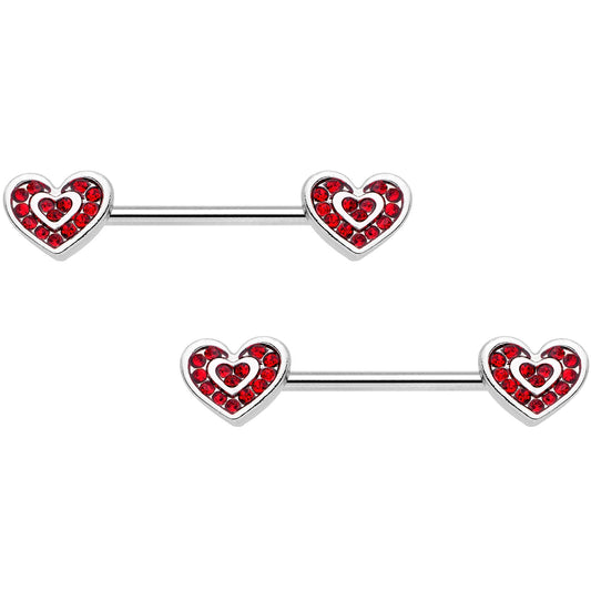 14G 5/8 Red Gem Wrapped Hearts Barbell Nipple Ring Set
