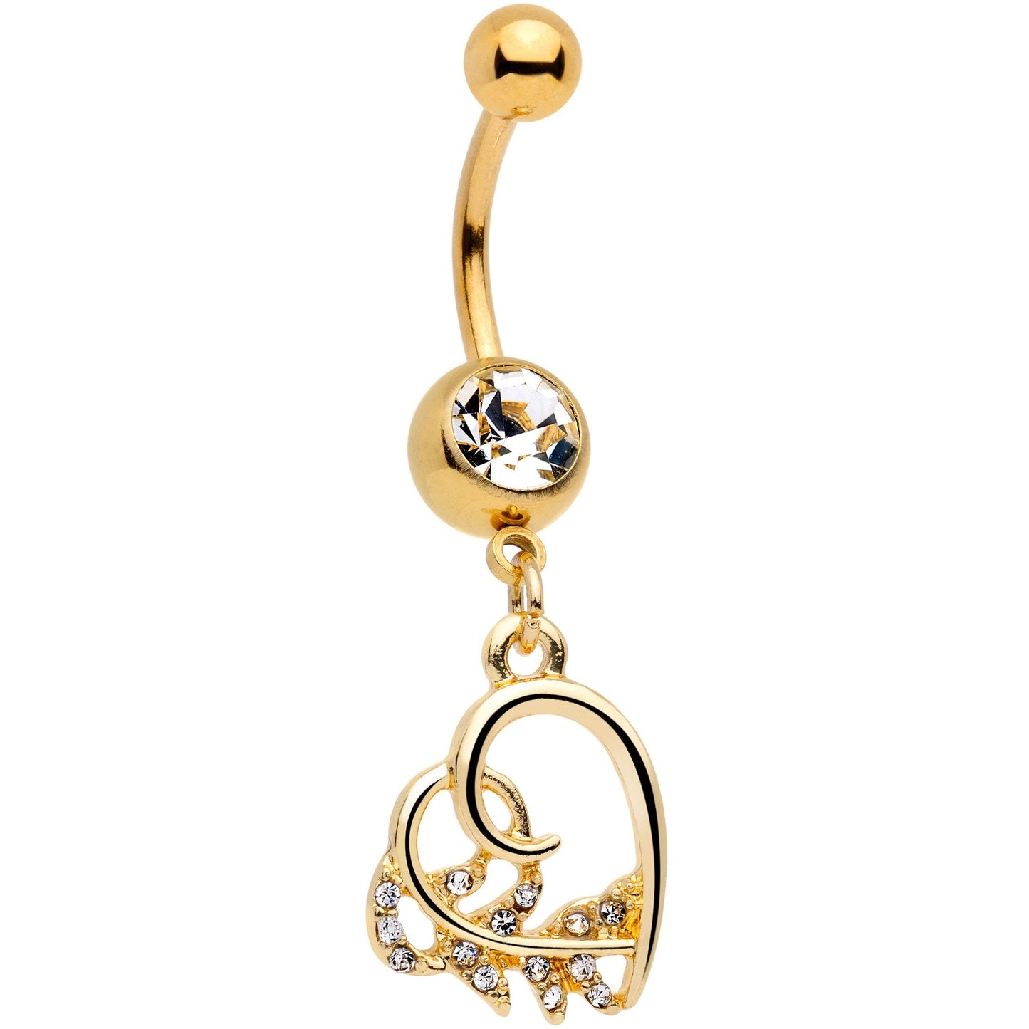 Clear Gem Gold Tone Elegant Lovers Heart Dangle Belly Ring