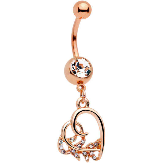 Clear Gem Rose Gold Tone Elegant Lovers Heart Dangle Belly Ring