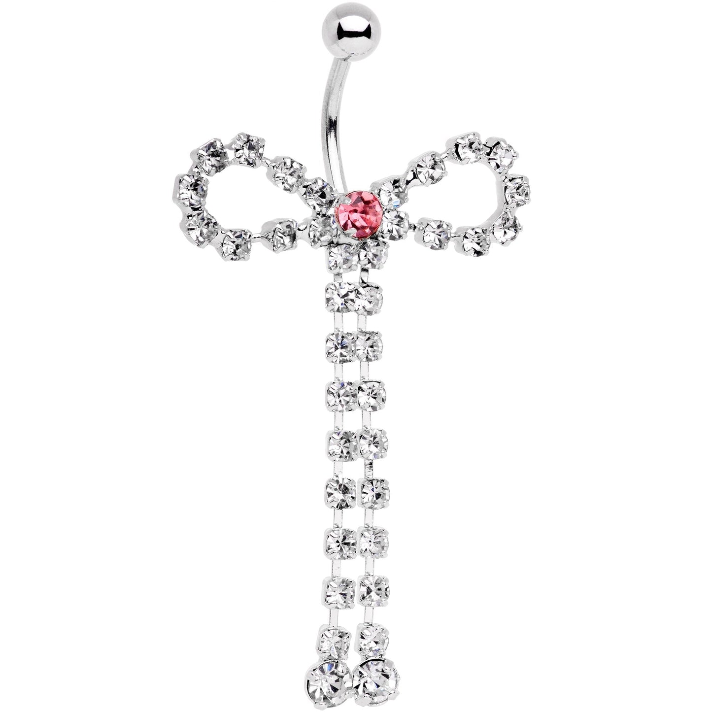 Pink Clear Gem Dainty Graceful Bow With Dangle Belly Ring