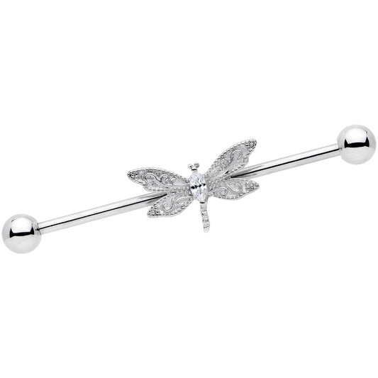 14G Clear Gem Dazzling Lacework Dragonfly Industrial Barbell 38mm