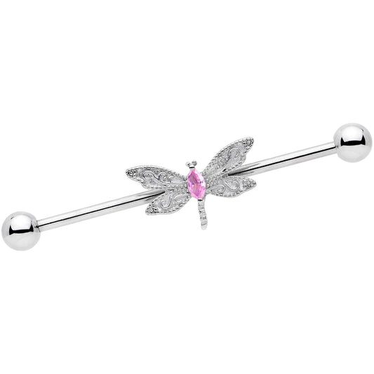 14G Pink Gem Dazzling Lacework Dragonfly Industrial Barbell 38mm