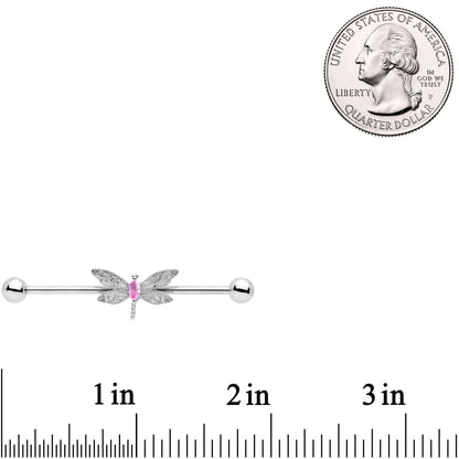 14G Pink Gem Dazzling Lacework Dragonfly Industrial Barbell 38mm