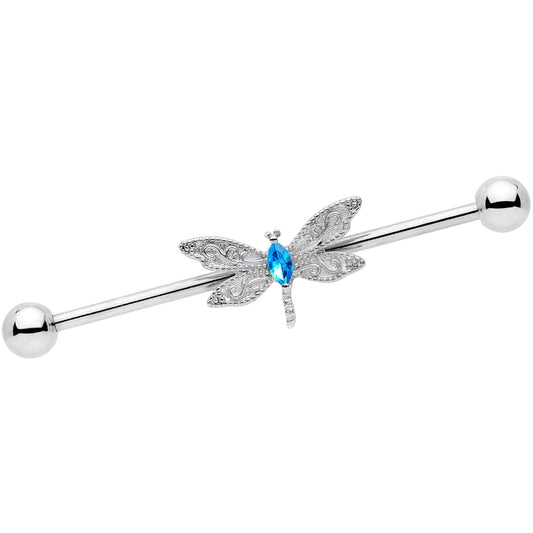 14G Blue Gem Dazzling Lacework Dragonfly Industrial Barbell 38mm