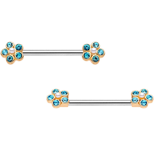 14G 9/16 Aqua Gem Precious Flower Barbell Nipple Ring Set