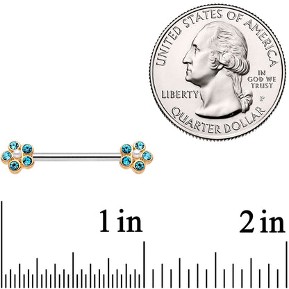 14G 9/16 Aqua Gem Precious Flower Barbell Nipple Ring Set