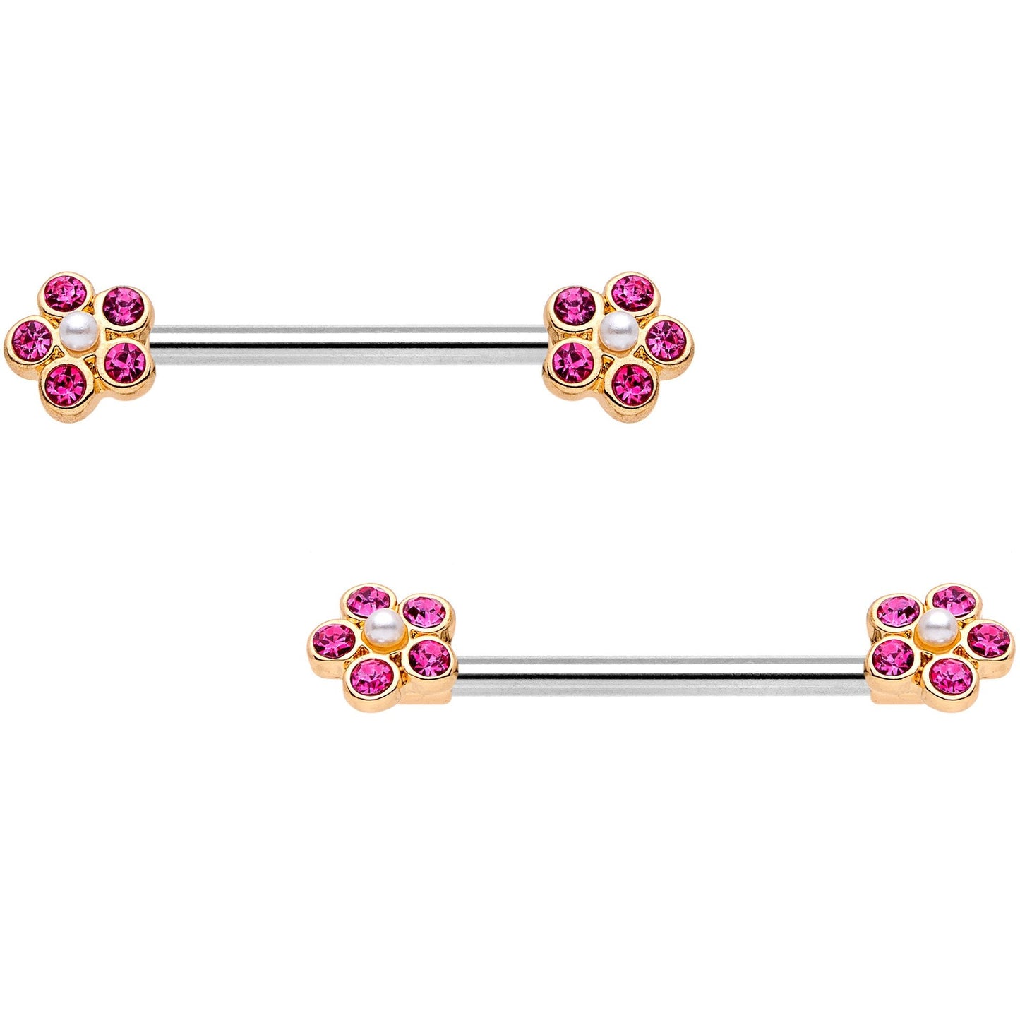 14G 9/16 Pink Gem Precious Flower Barbell Nipple Ring Set