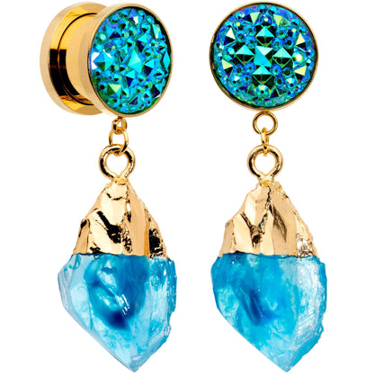Blue Faux Druzy Quartz Gold Tone Dangle Screw Fit Plug Set 8mm to 16mm