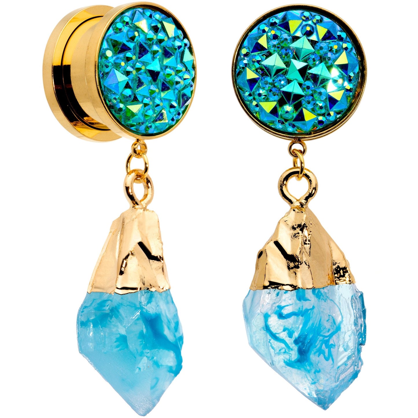Blue Faux Druzy Quartz Gold Tone Dangle Screw Fit Plug Set 8mm to 16mm