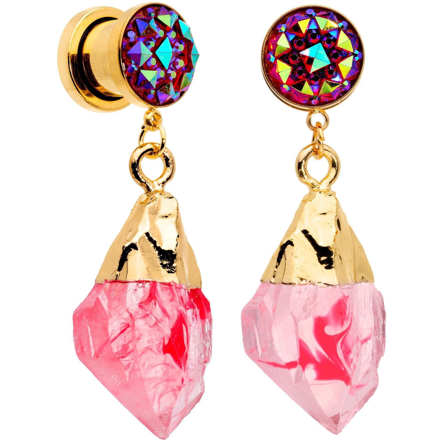 Pink Faux Druzy Quartz Gold Tone Dangle Screw Fit Plug Set 8mm to 16mm