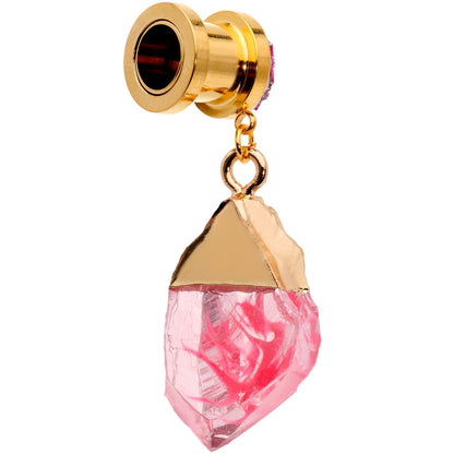 Pink Faux Druzy Quartz Gold Tone Dangle Screw Fit Plug Set 8mm to 16mm