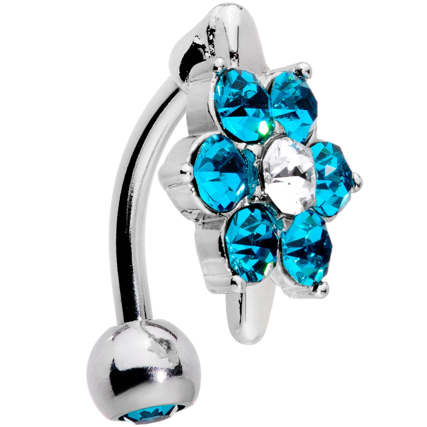 Blue CZ Gem Pretty Posy Flower Top Mount Belly Ring