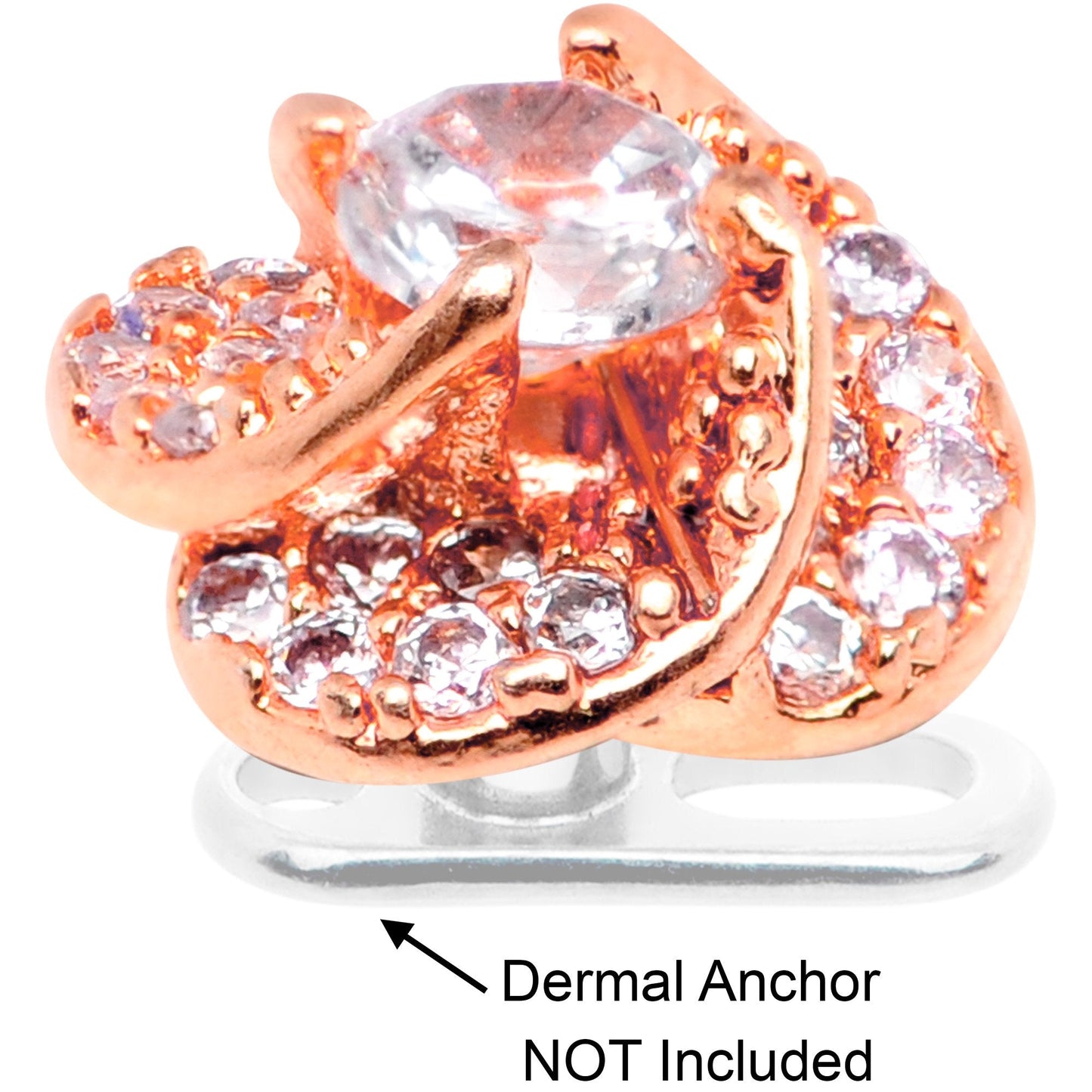 14G Clear CZ Gem Roses Romance Rose Gold Tone Dermal Anchor Top
