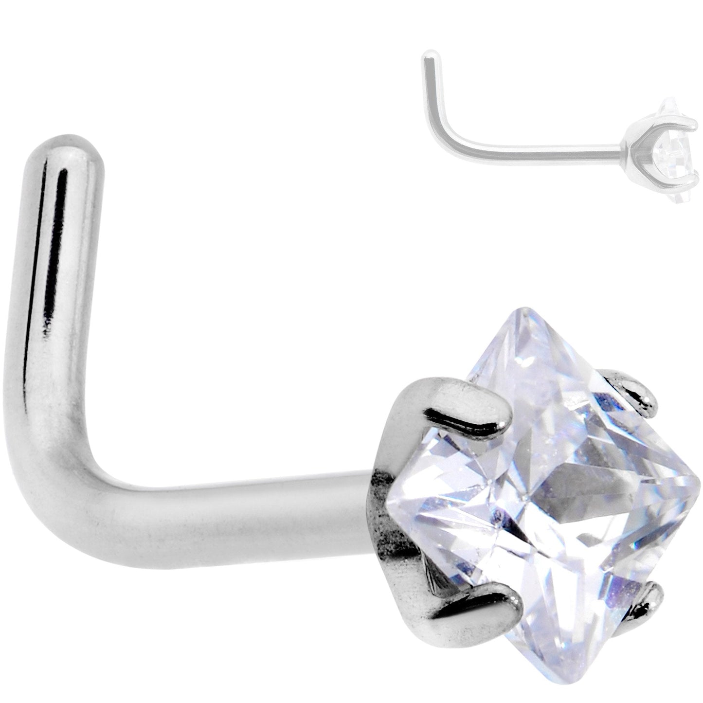 20G Clear 3mm CZ Gem Grade 23 Titanium Rhombus L Shaped Nose Ring
